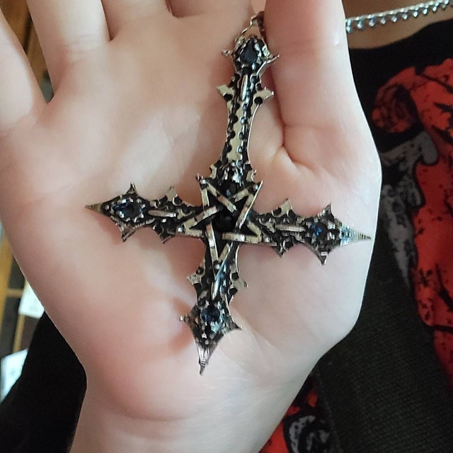 Inverted Gothic Cross Pendant With Inverted Pentagram and