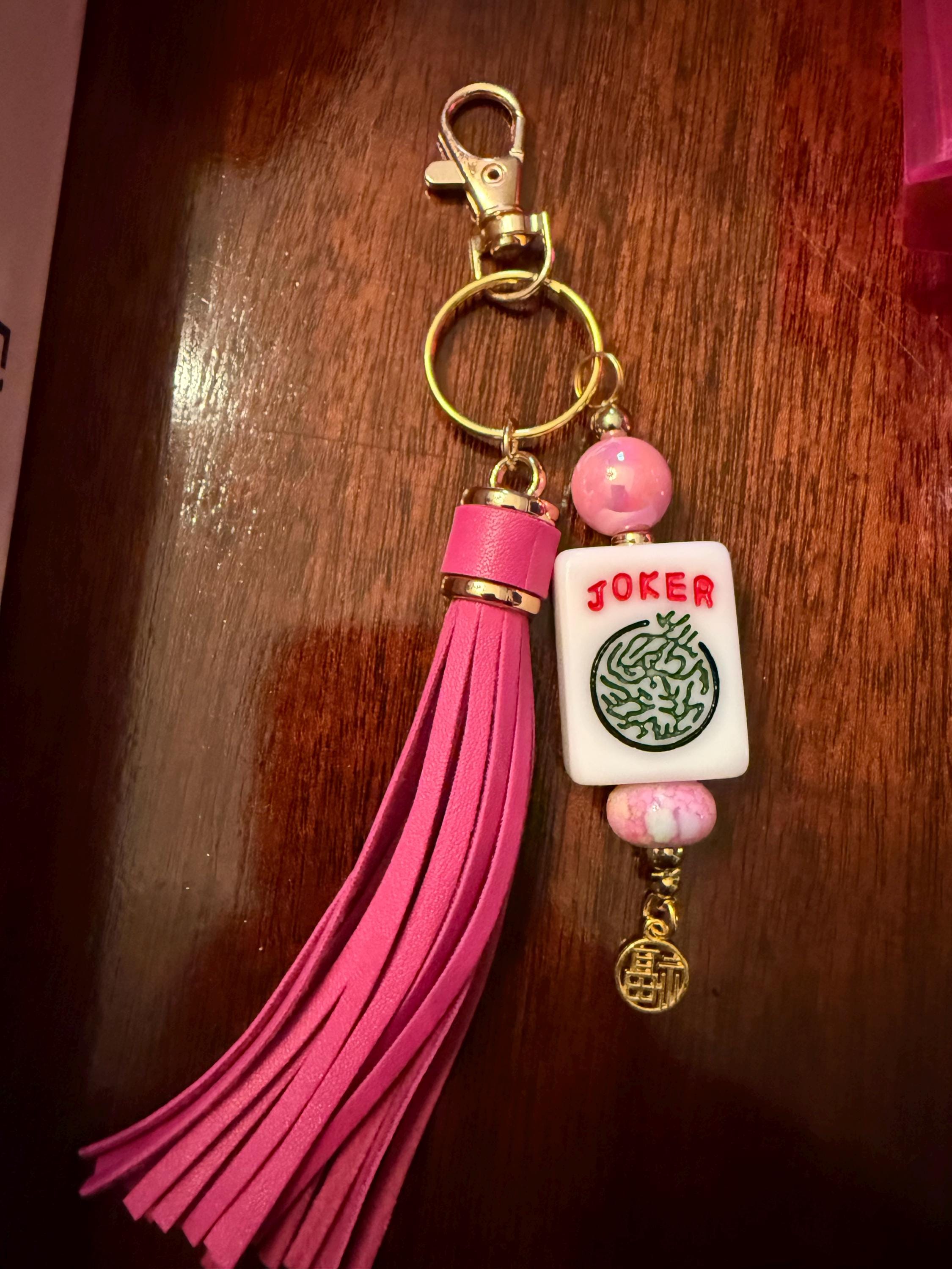 Handmade Mahjong Tile Bag Charm With Tassel, Mixed Beads Keychain Accessory, Cute Gift For Mahjong Lovers