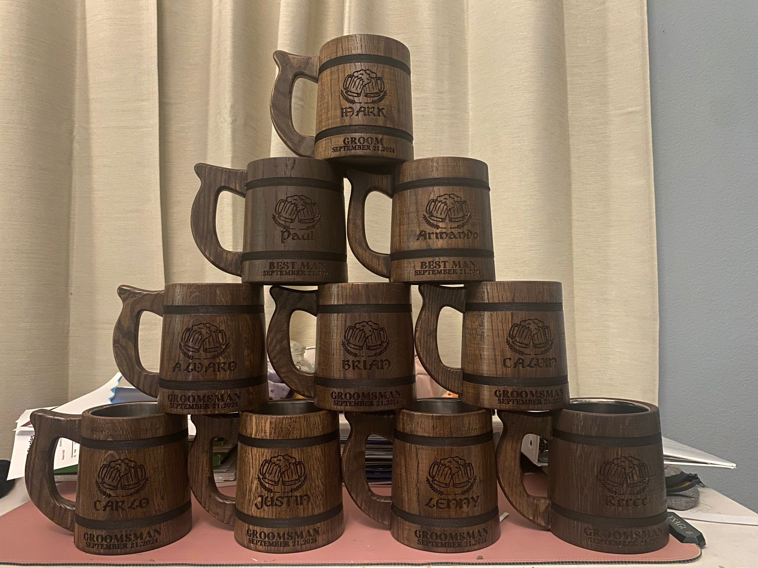 Personalized Groomsmen Beer Mug Custom Wooden Stein, Customizable Best Man Gift from Groom Engraved Wood Tankard, Wedding Gift for Father