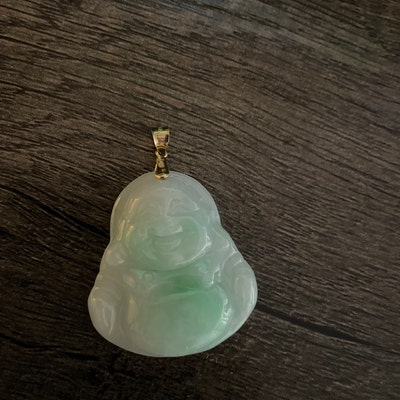 Genuine Jade Pendant Laughing Buddha Necklace 14K Solid Gold Real Jade ...