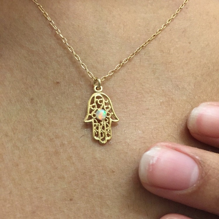 Opal hamsa necklace, gold Hamsa necklace, gold hand necklace, Delicate gold necklace, gold hand blue opal necklace, synthetic opal