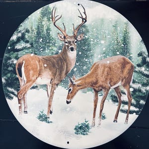 Deer in Woods 12 Inch Metal Sign, Snowy Deer Sign, Deer Sign for 