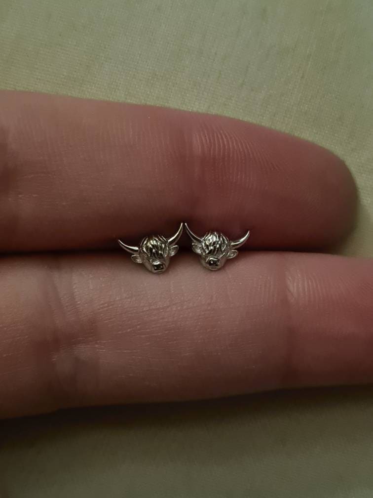 Extra Tiny Highland Cow Barbell Earrings in Sterling Silver, Cow Stud, Bull Earrings, Screw-back, Small Cow Stud, Scotland, Scottish