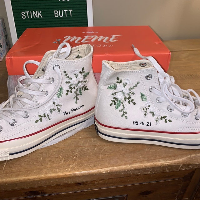 Embroidered White Flower Converse Wedding Converse High Tops - Etsy New  Zealand