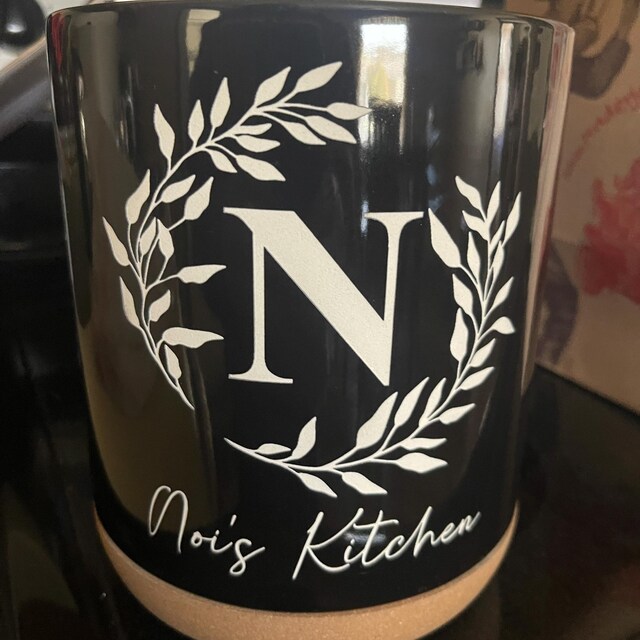 Personalized Ceramic Kitchen Utensil Holder - Monogrammed With Custom Text, Cork Bottom (Utensils Not Included)