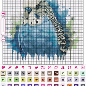 セキセイインコのクロスステッチパターン：水彩画風の鳥の刺繍（PDF