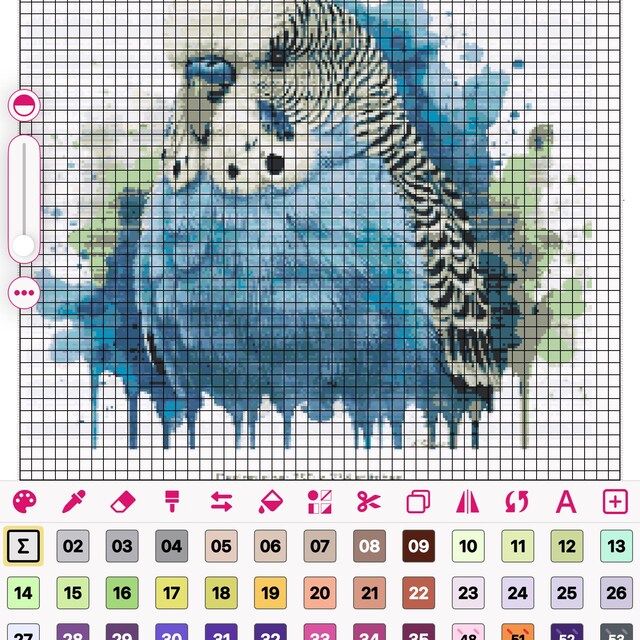 セキセイインコのクロスステッチパターン：水彩画風の鳥の刺繍（PDF