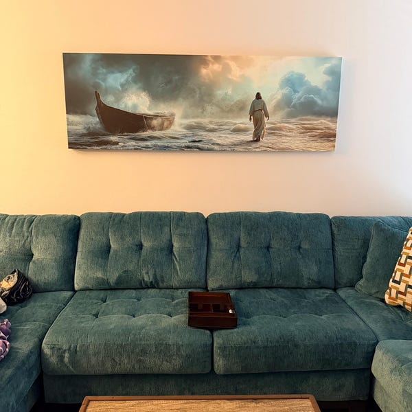 Derek's Jesus Walking on Water Canvas Print, Christian Faith Wall Art canvas print in their home — Antarmada
