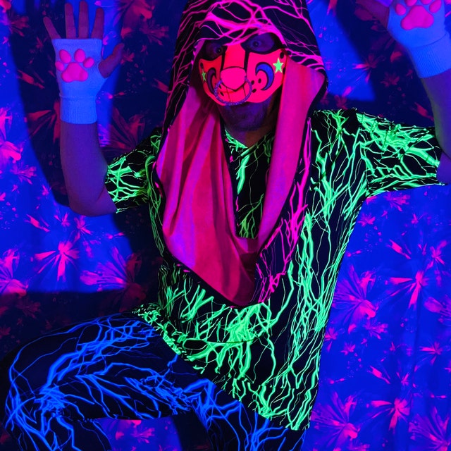 Mens Neon UV Glow Blue Lightning Bootcut Spandex Pants