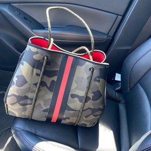 NEOPRENE TOTE, Bestseller, CAMO Green W/ Red Racer Stripe-matching ...