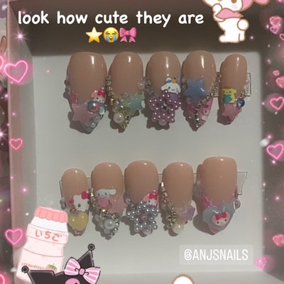 Kawaii Pastel Rainbow Press on Nails With Japanese Characters, Beads ...