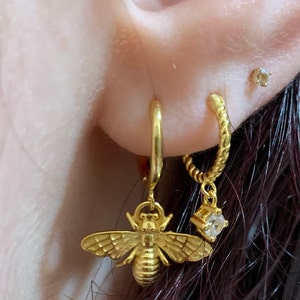 Bee Hoop Earrings Gold 18k 925 Sterling Silver, Gold Hoops