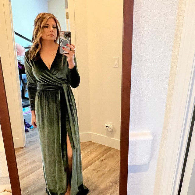 Bridesmaid Velvet Dress Marigold High Quality Fabric Dress Keyhole Back  Maxi Gown With Train Wrap Neck Long Sleeve Dress Slit Above the Knee - Etsy