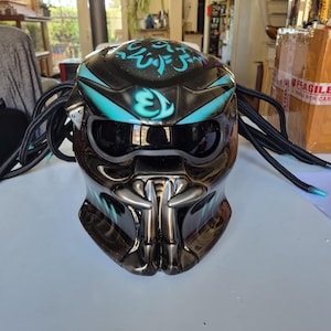 custom predator motorcycle helmet for sale Mint Green Custom Predator Motorcycle Helmet Hand-painted DOT ECE R22.06  Glossy Safety Shell LED