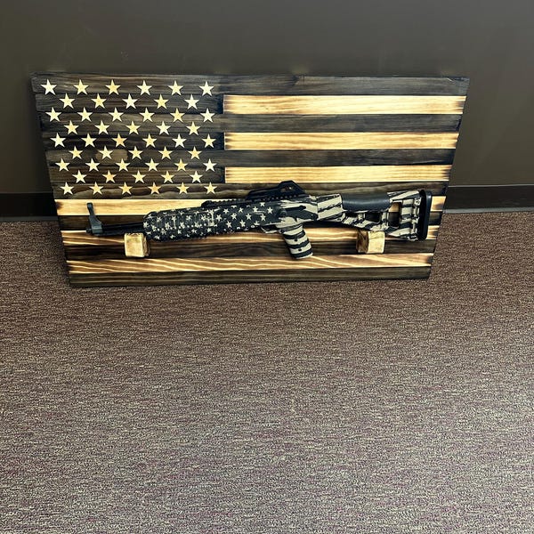 Rustic American Flag Gun Rack. Compound Bow Rack With Military Logo ...