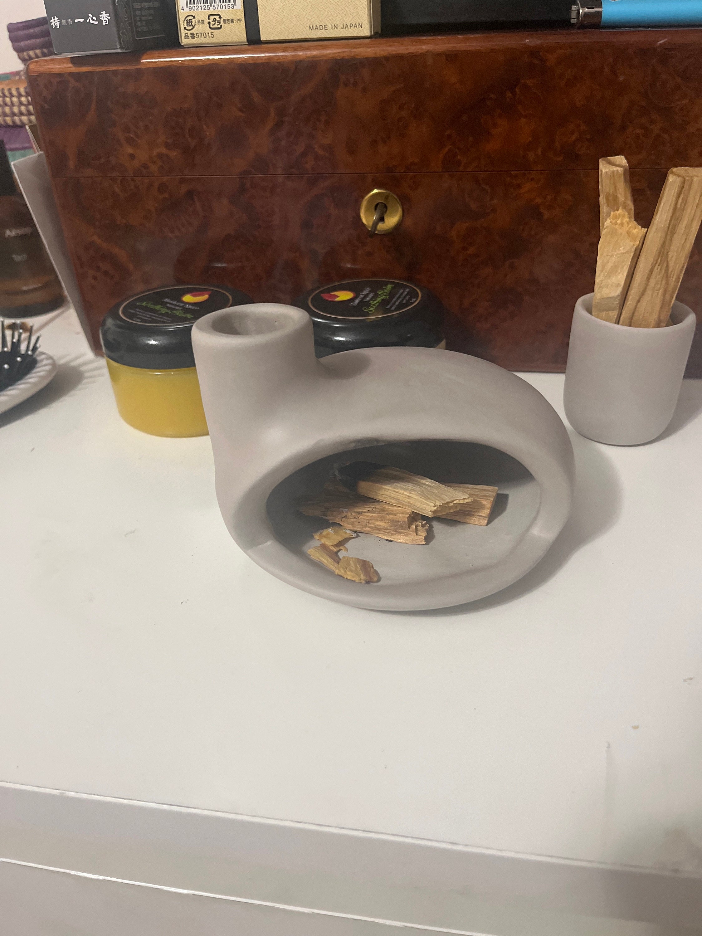 Palo Santo Holder & Matchstick Holder Set, Cone Incense Burner, Handmade Modern Ceramic Chiminea Incense Holder, Meditation Gift