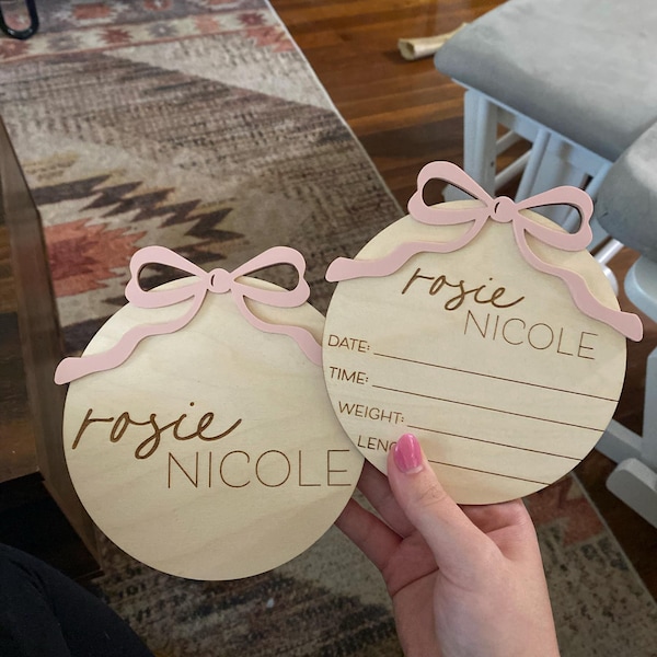 Bow Baby Announcement Sign With Birth Stats | Matching Name Plate ...