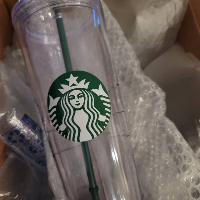 NEW Starbucks Cold Cup Clear Venti Tumbler Traveler With Green Straw Logo  Double Wall Insulated Available in 24oz & 16oz FLUID Onces 
