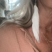 Leather Feather Earrings. Black Leather. Double Feather. Chain Through