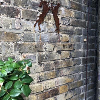 Exterior Small Rustic Metal Boxing Hares Rabbit Garden Wall House Fence ...