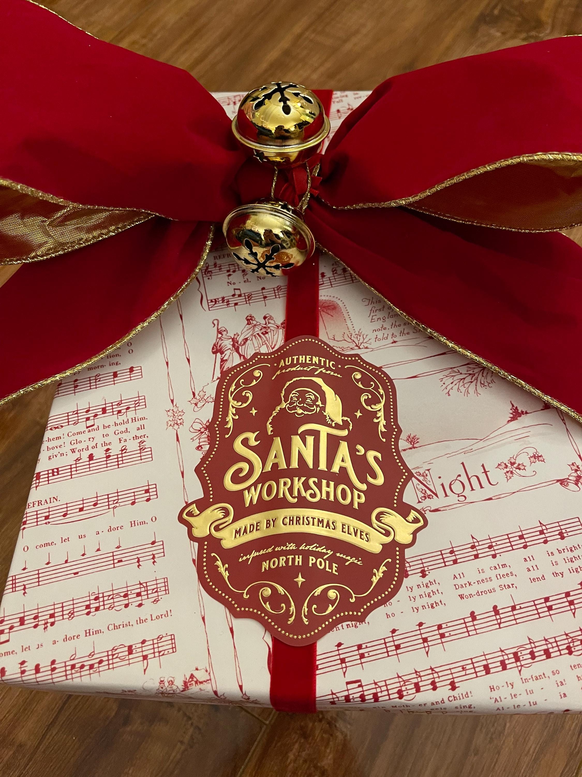 Christmas Gift Tag Stickers for Children's Holiday Presents, Premium Large Gold Embossed Labels for Kids Gift Wrapping, Santa's Workshop