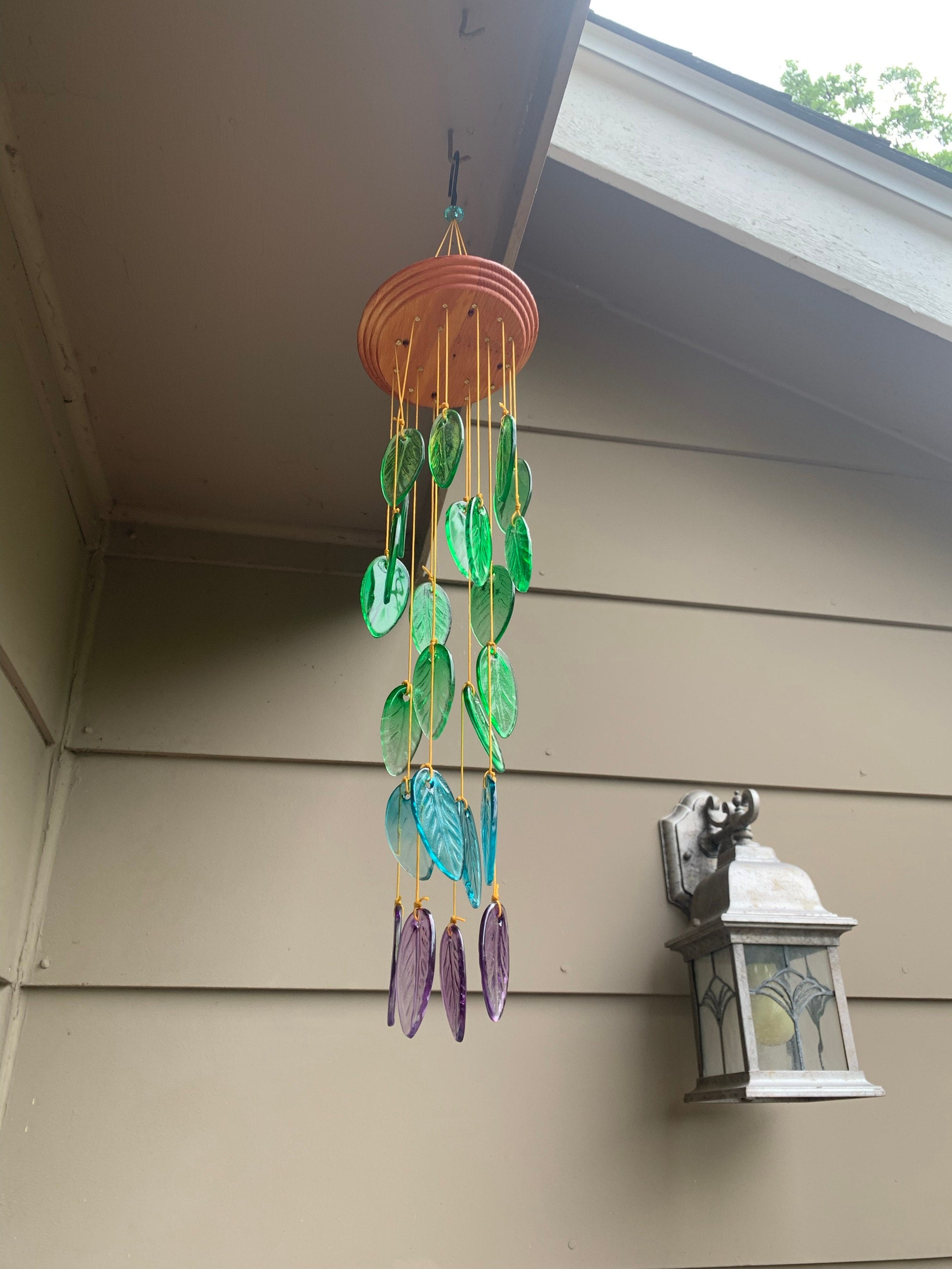 Rainbow colored Glass Leaves Wind Chime, Free Shipping.  Personalized Card on Request. Gift for  Mother. Father, Mom or Friend. Upcycle Art.