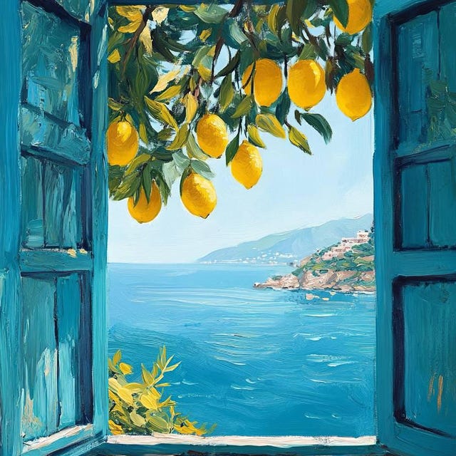 Mediterranean Window View Printable Art – Coastal Lemon Tree Wall