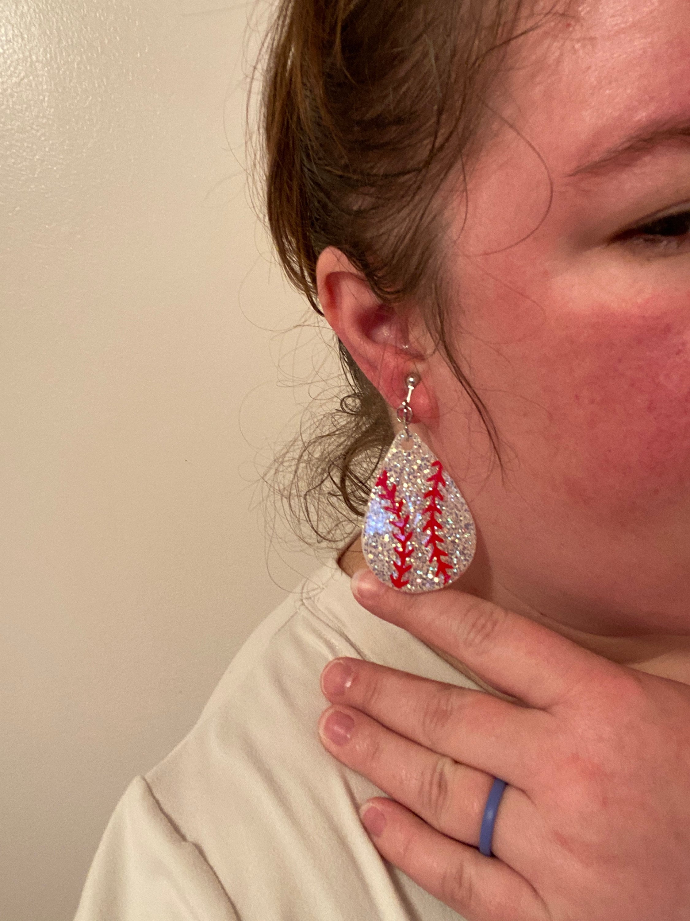 Baseball Teardrop Shaped Glitter Epoxy Earrings