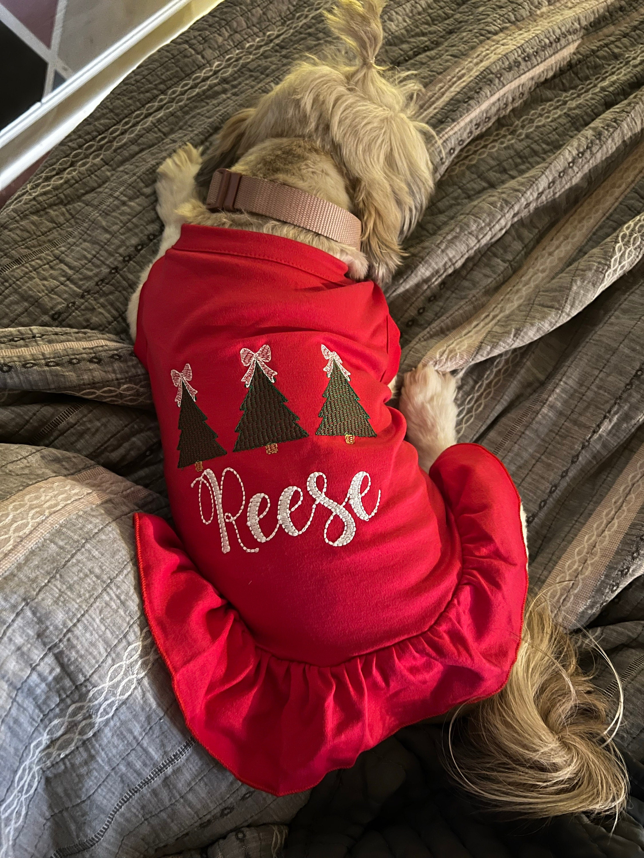 Christmas Dog Shirt or Dress, Christmas Bow Tree Sketch Trio Monogrammed Shirt, Beautiful Personalized Embroidered Holiday Puppy Clothing