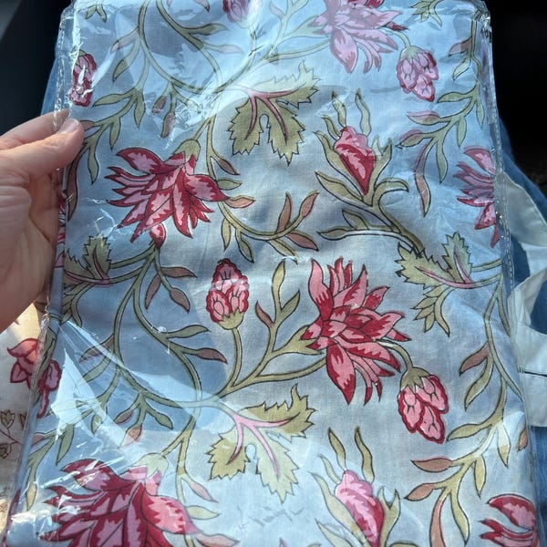 100 Cotton Blue, White and Green Block Print Fabric by the Yard