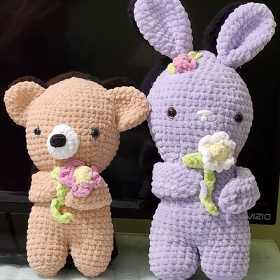 Crochet Flower Bunny and Flower Bear PDF PATTERN 2 in 1: Bunny Holding ...