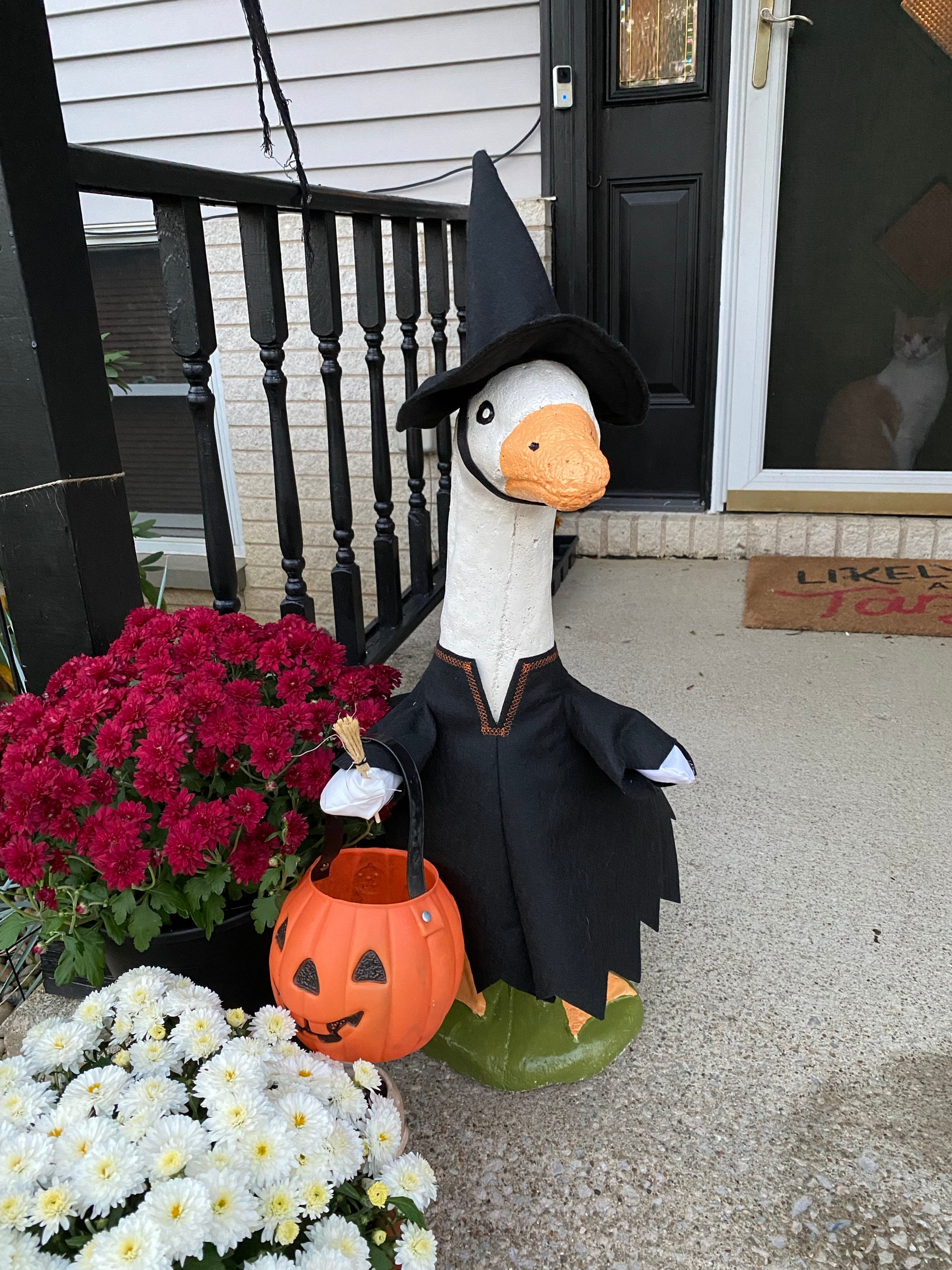 Porch Goose Clothes - A Real Witch Outfit "with Broom" in Black Felt for 23 to 25 inch Plastic or Concrete Lawn Goose - Handmade by Me