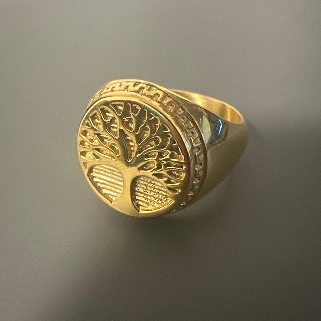 Mens Ring Gold Tree of Life Ring - Signet Ring Mens - Large Pinky