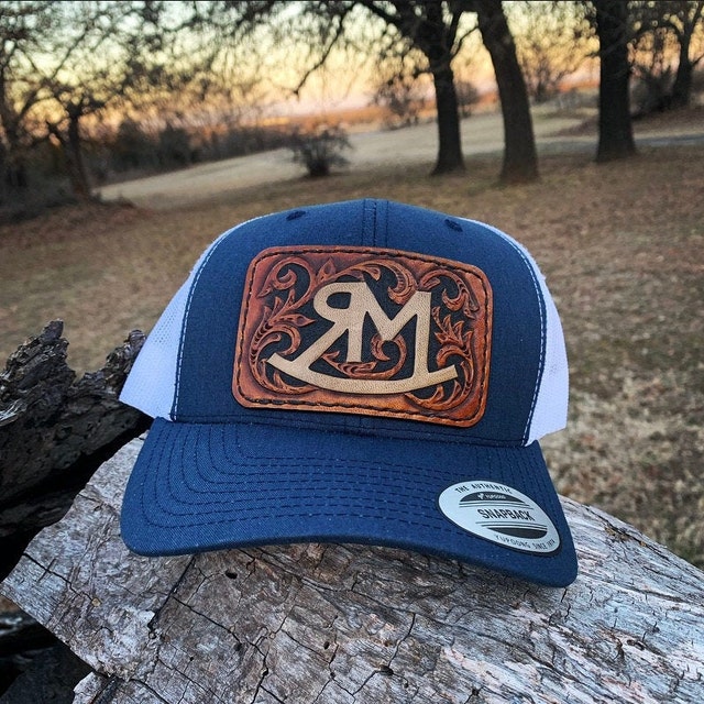 Tooled carved leather patch custom trucker cap hat Gorra