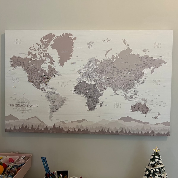 Farmhouse Push Pin World Map Personalized Canvas, Travel Gift, Rustic ...