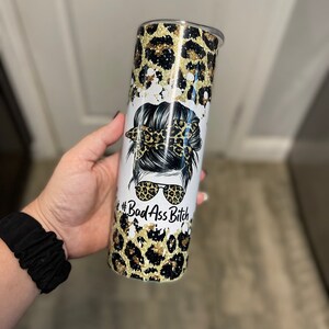 20 OZ Glitter Leopard Mom Life Messy Bun Sublimation Skinny Tumbler ...