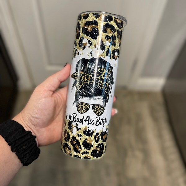 20 OZ Glitter Leopard Mom Life Messy Bun Sublimation Skinny Tumbler ...