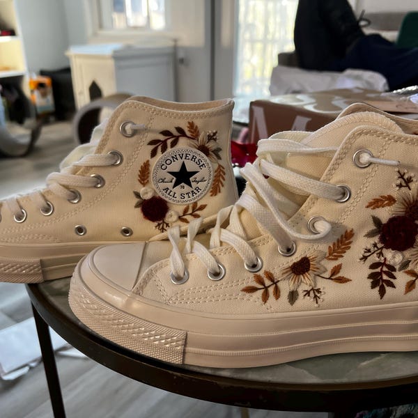 Wedding Converse for Bride, Fall Rustic Flower Embroidered Converse ...