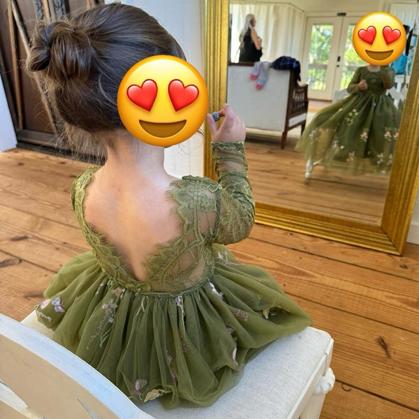 Long sleeves Floral Applique A-line Flower Girl Dress Dusty Sage