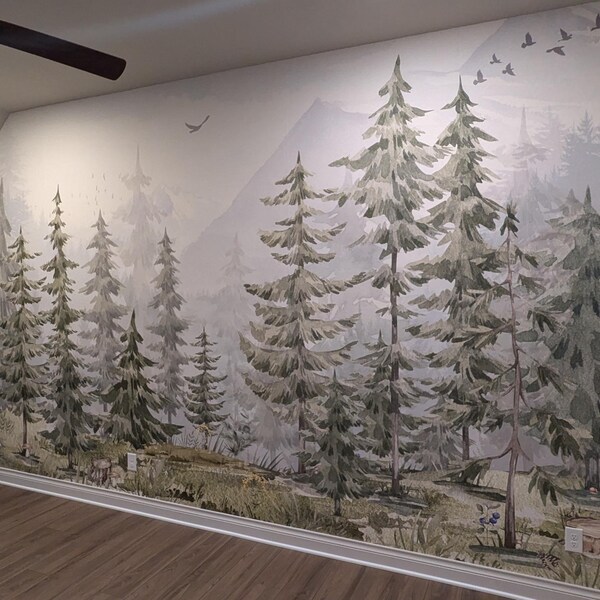 Mountain Trees Wallpaper, Peel and Stick Forest Wall Mural, Nursery ...