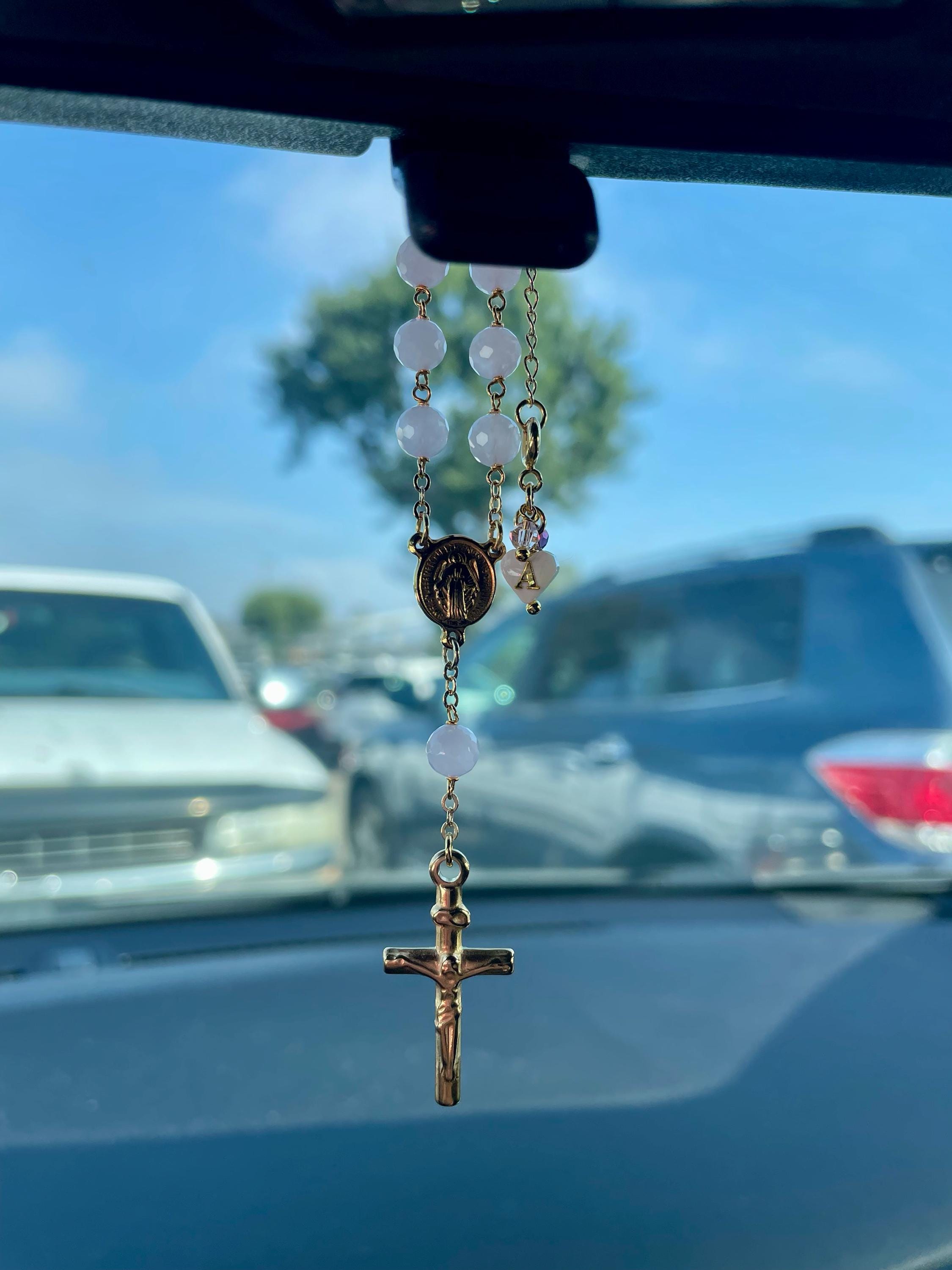 Autorosenkranz, Rückspiegelkreuz, Ein Jahrzehnt Gebetsperlen zum Aufhängen, Rosenkranzarmband aus Natursteinen, katholisches Geschenk, Religiöses Accessoire
