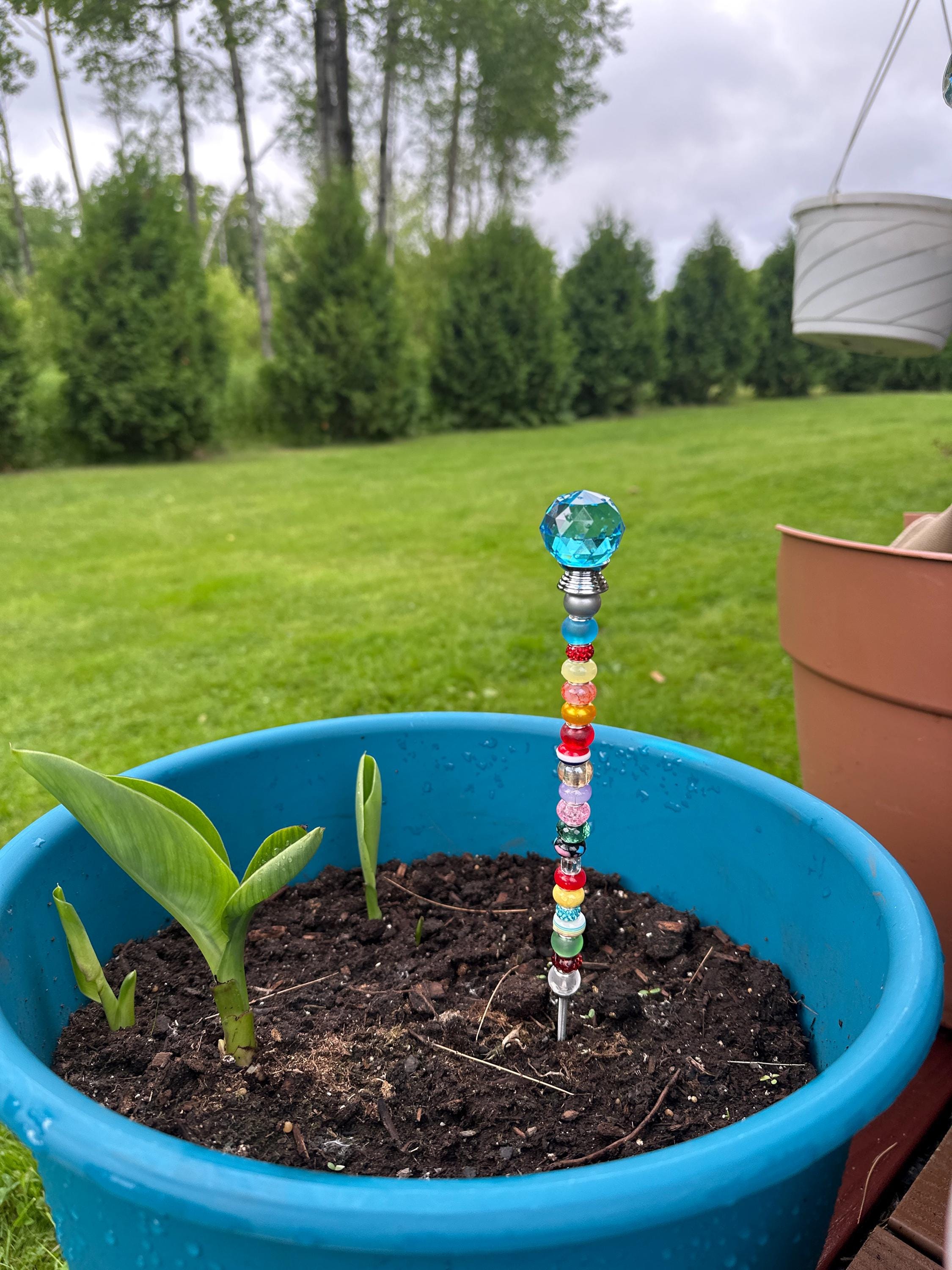 14 inch jeweled garden stake, planter stake, round prism garden stick, fairy garden stake, plant bling, potted plant stake, colorful, pretty