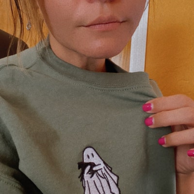 Halloween Checkerboard Floral Ghost Graphic Corded Sweatshirt