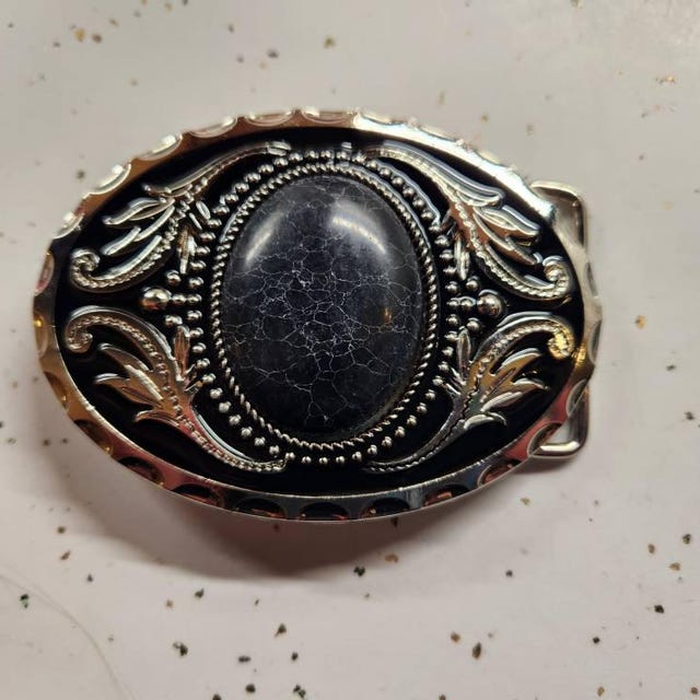 #23 Vintage western Oval Black Agate Stone Buckle Black Onyx Stone Belt Buckle: Western Silver Engraved Design  main image 3