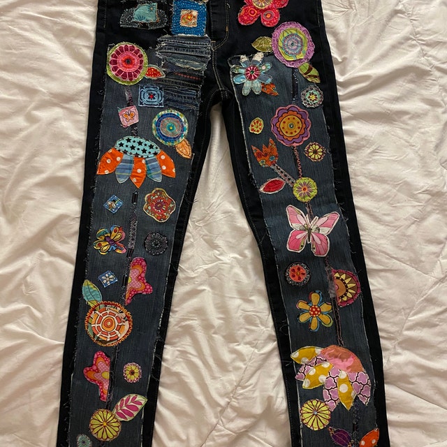 Jean Personnalisé Patchwork Upcyclé – Style Boho, Taille 2, Neuf Sans étiquettes