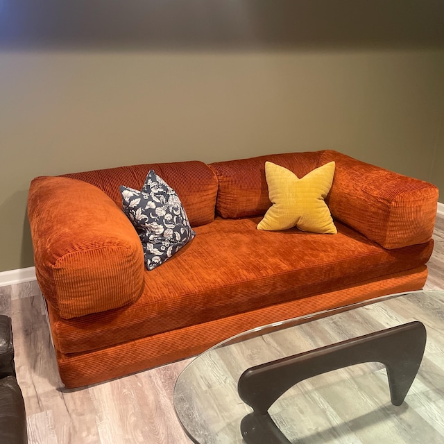 Burnt orange corduroy sofa with scatter cushions in a bright living room, photographed by the buyer