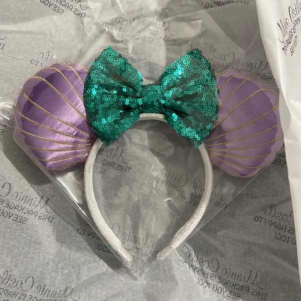 Disney Ear Shell Mermaid Shell Mouse Ears With Bow | Purple Satin 3D Puffy Satin ...