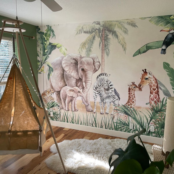 Kids Wallpaper Peel and Stick | Safari Animals With Baby Wall Mural - Etsy