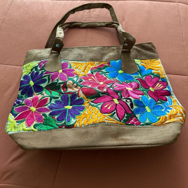 メキシコ刺繍トートバッグ、花柄トートバッグ、ポケット付きトート