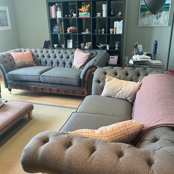 British Handmade 3 Seater Grey Wool & Antique Tan Leather 3 Seater ...